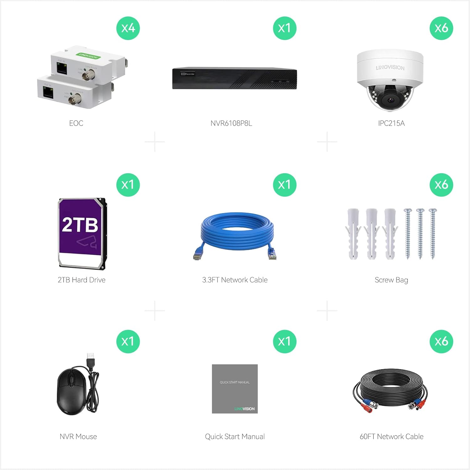 LINOVISION NDAA Compliant 8CH 4K IP Security Camera System with (4) Pairs POE IP Over Coax Converters, (6) 5MP POE IP Dome Cameras