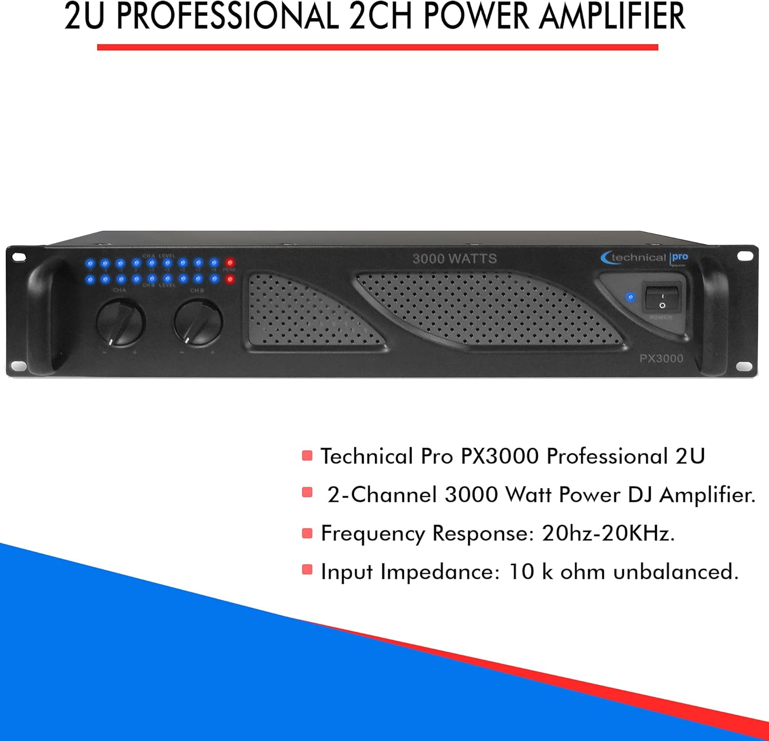 Technical Pro Professional 3000 Watts 2U 2-Channel DJ Power Amplifier with Dual Cooling Speed Fans and Integrated Power Stabilizer