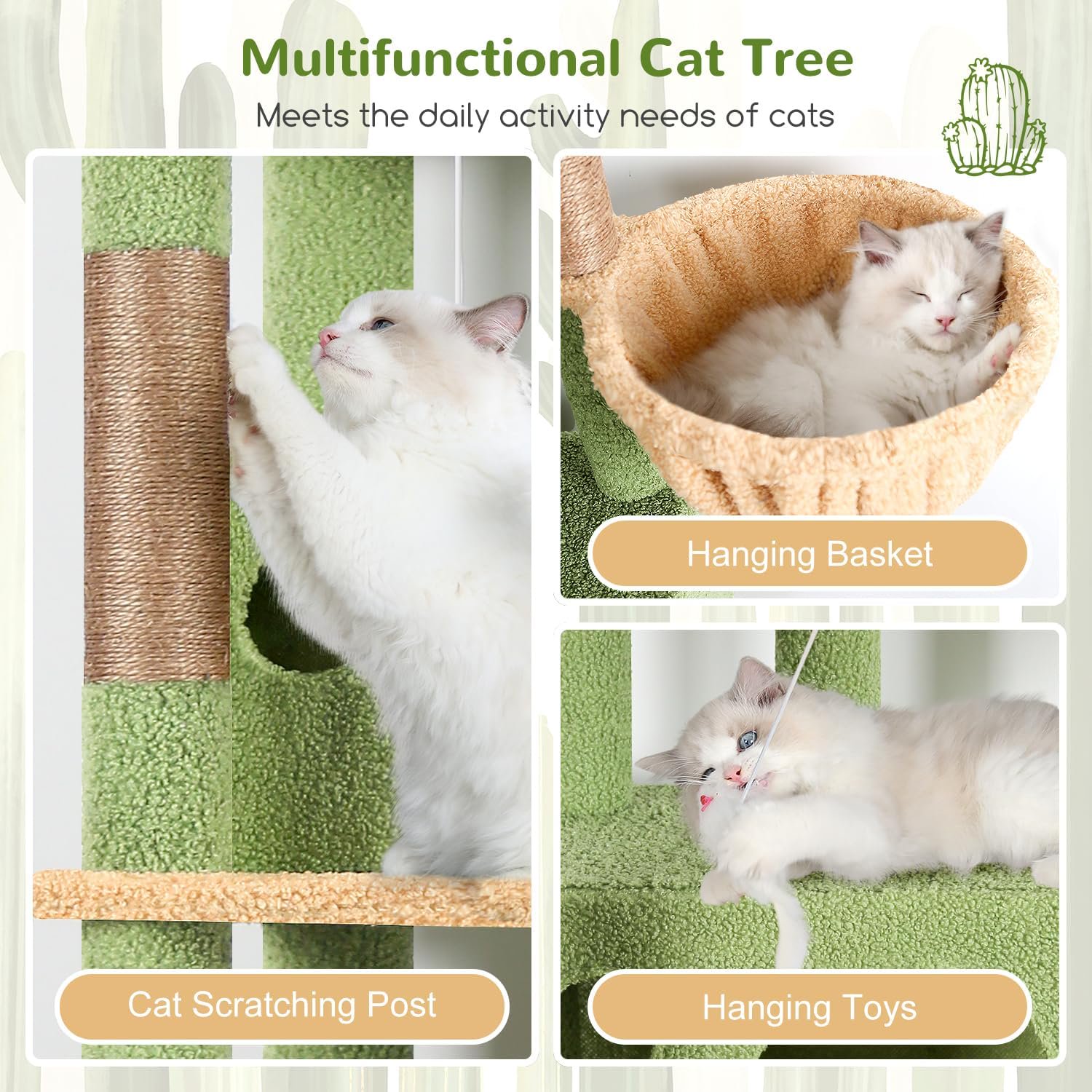 Corner Cactus  Tree 66 inch Multi-Level Cactus Climbing Tower Kitty Condos   Tower for Indoor Multiple Cats with Large Platform, 3  Caves, F66,