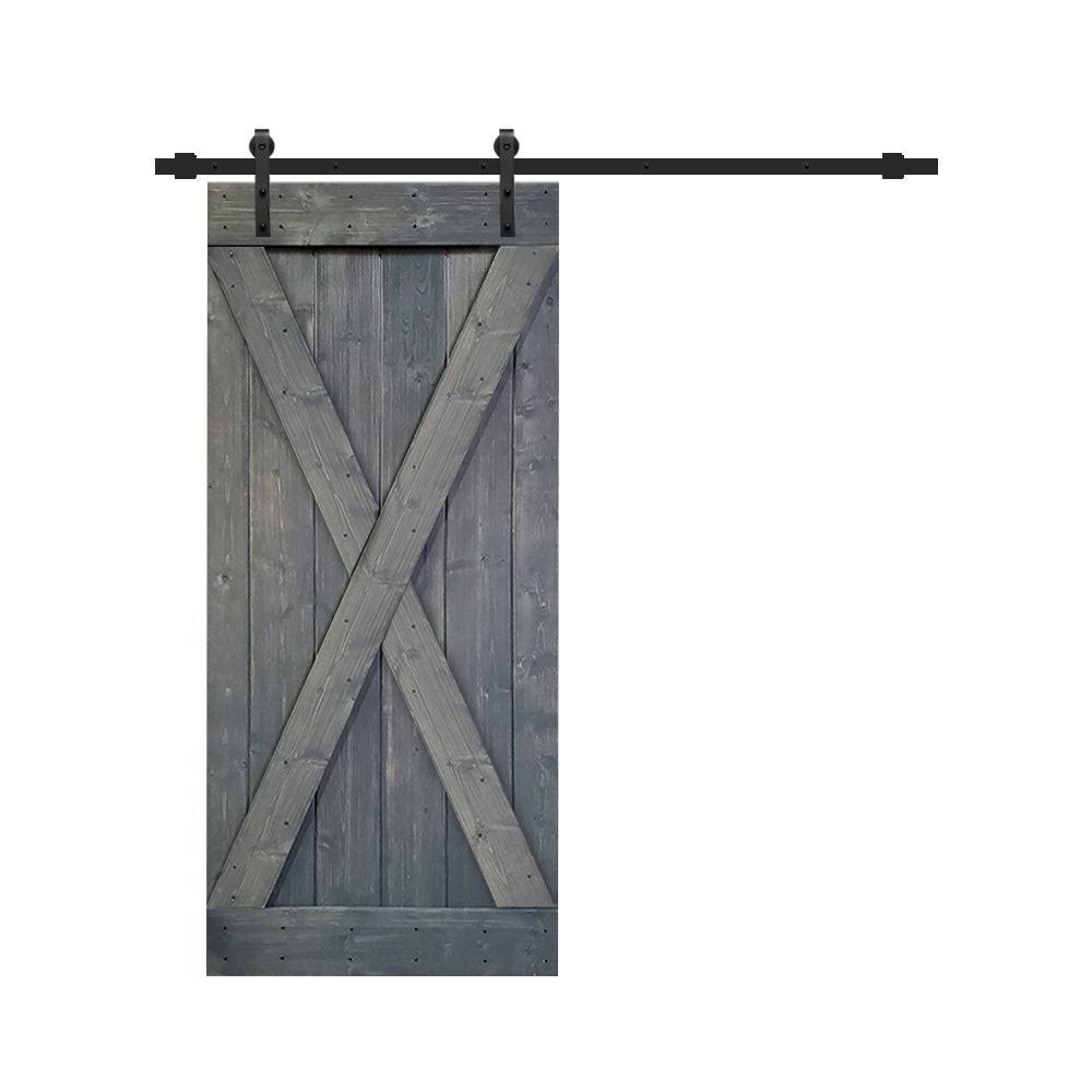 CALHOME K Series 36 in. x 84 in. Gray Stained Knotty Pine Wood Interior Sliding Barn Door with Hardware Kit