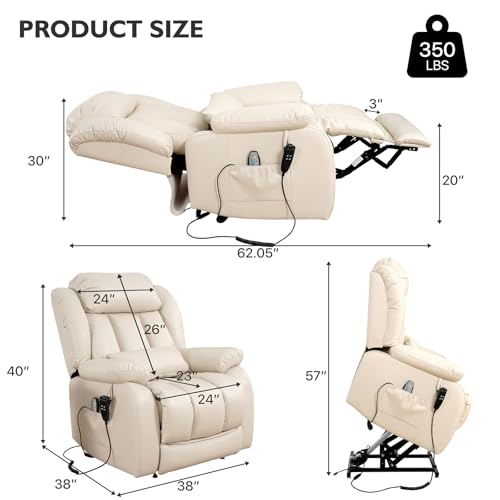 EDILLY Large Genuine Leather Power Lift Recliner Chairs for Elderly, Dual Motor with Massage and Heating,Double Lumbar Cushion and Extended Footrest