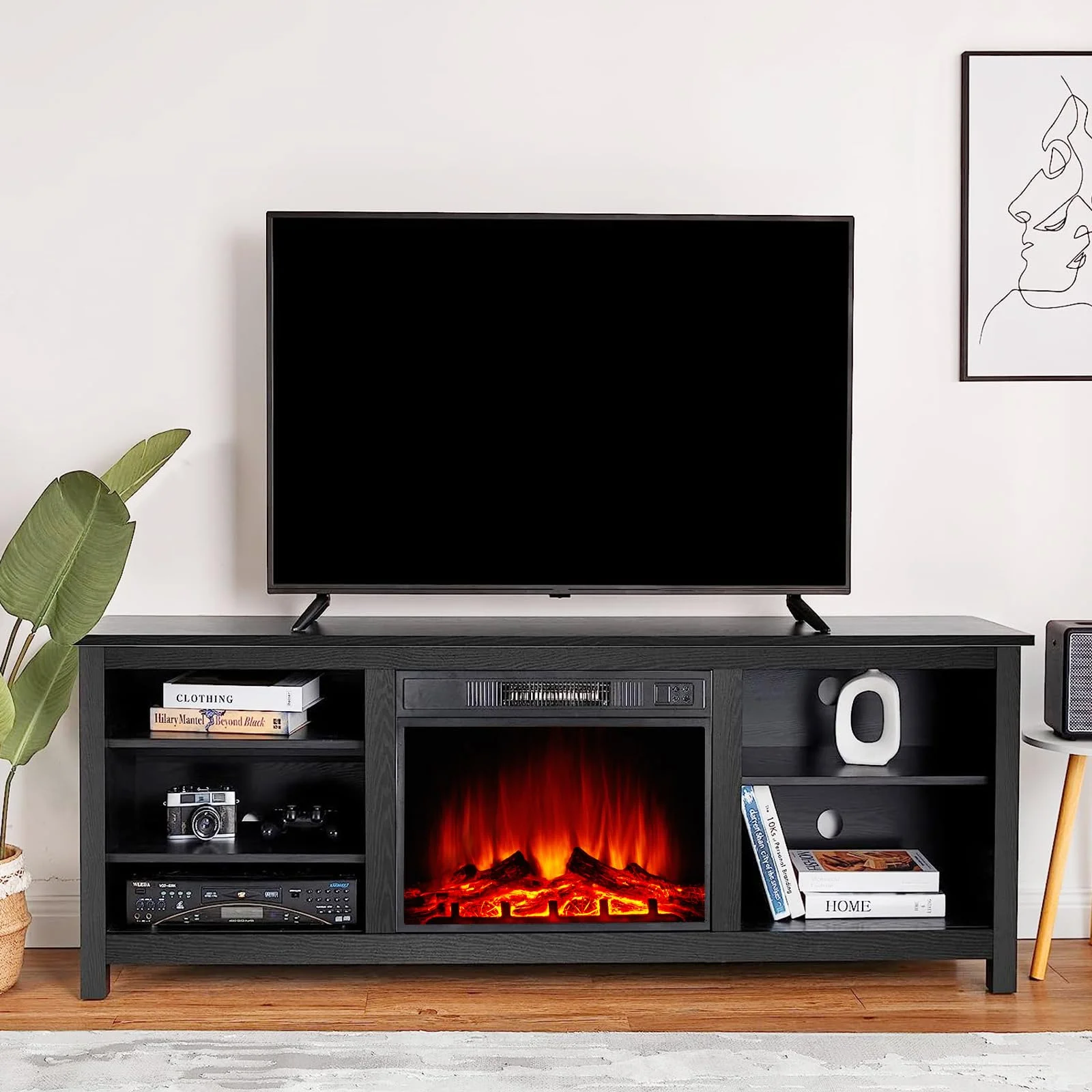 Amerlife Fireplace TV Stand,Wood Texture Entertainment Center,Black