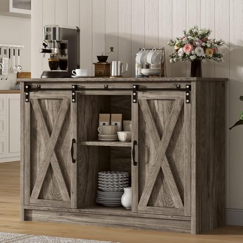 4 EVER WINNER Coffee Bar Cabinet with Sliding Barn Doors, 42” Sideboard Buffet Cabinet with Storage