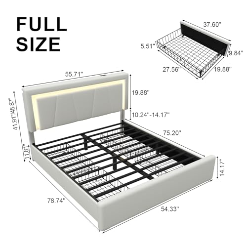 Full Size Bed Frame with 4 Storage Drawers and LED Lights, Upholstered Platform Bed with Adjustable Headboard and Charging Station