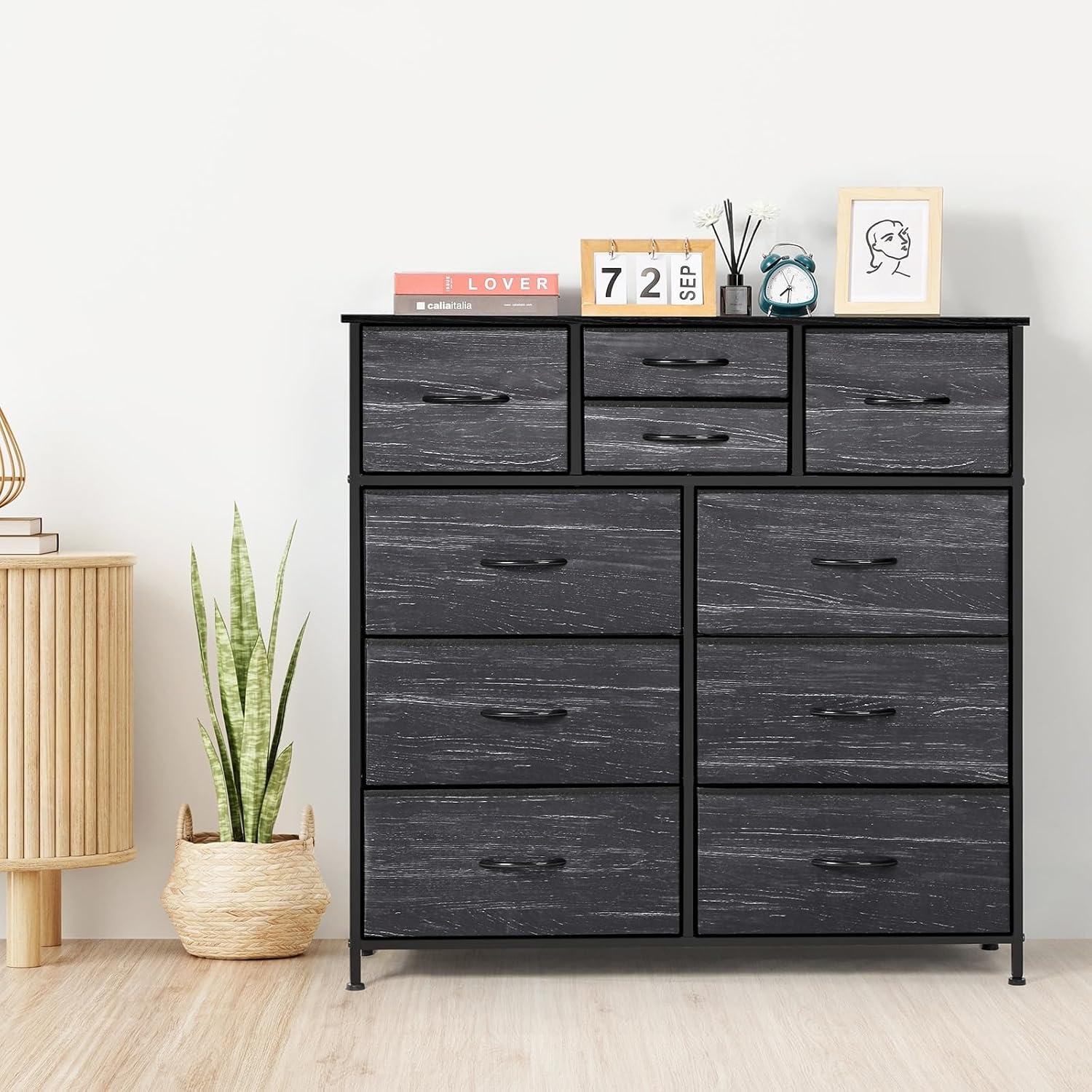 10 Drawers Dresser with Wood Top Steel Frame Black Fabric Metal