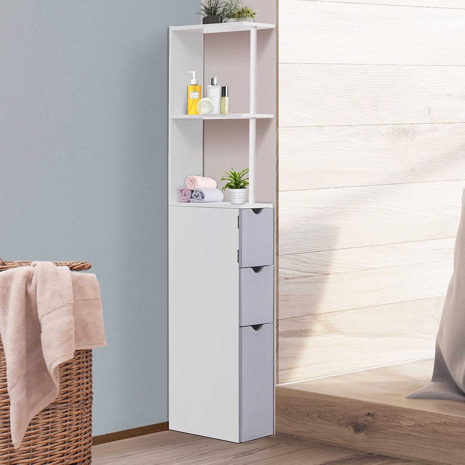 HOMCOM 54 Tall Bathroom Storage Cabinet, Freestanding Linen Tower with 2-Tier Shelf and Drawers, Narrow Side Floor Organizer, Grey and White