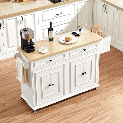 58" Mobile Kitchen Island, Kitchen Island Cart with Power Outlet, Island Table for Kitchen, Home Bar Carts with Storage