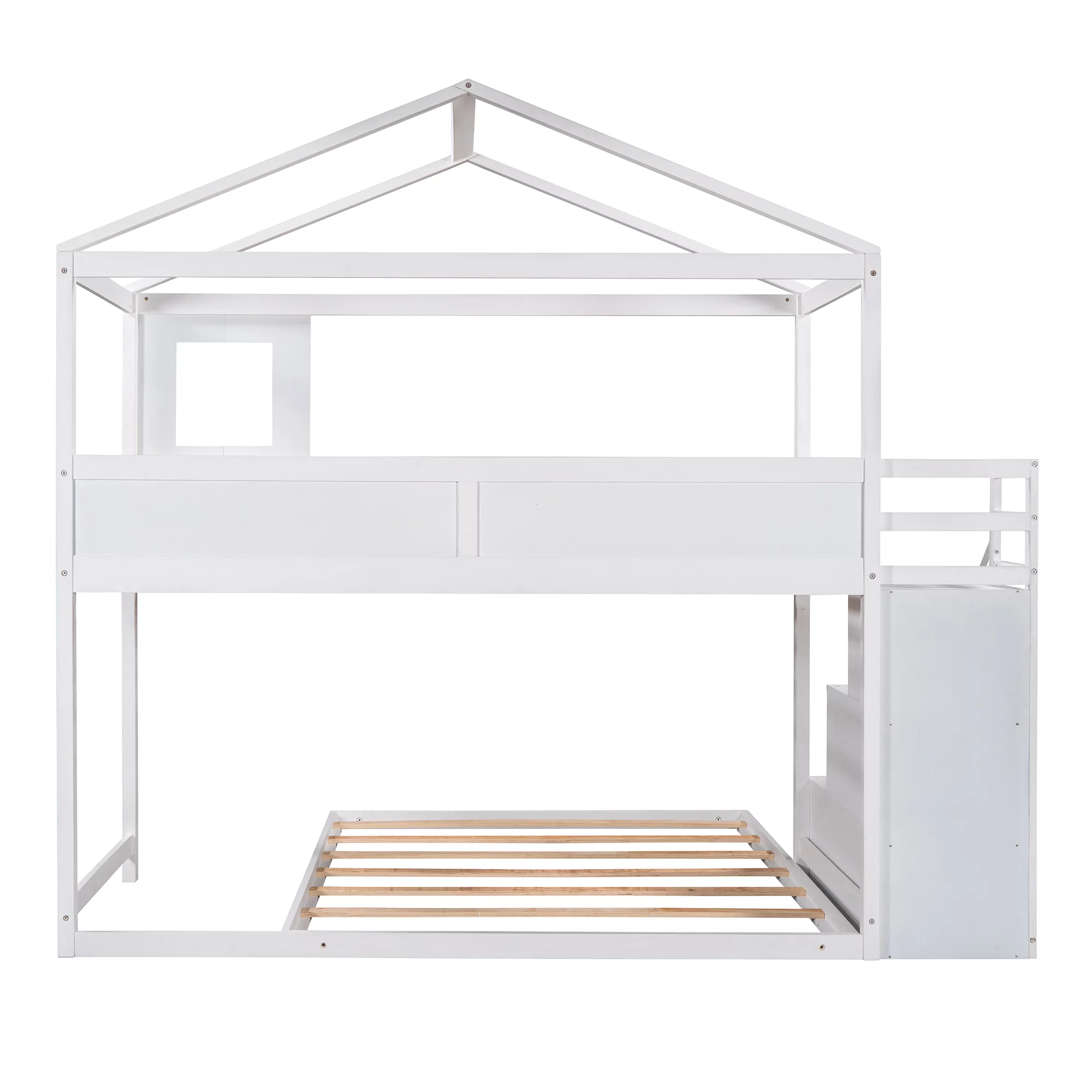 SYNGAR House Bunk Beds for Kids, Solid Wood Twin over Full Bunk Bed with Storage Staircase and Blackboard