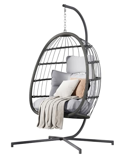 HWB Hanging Egg Chair with Stand, Patio Wicker Hammock Egg Swing Chair with Cushion for Bedroom Garden Indoor Outdoor (Beige)