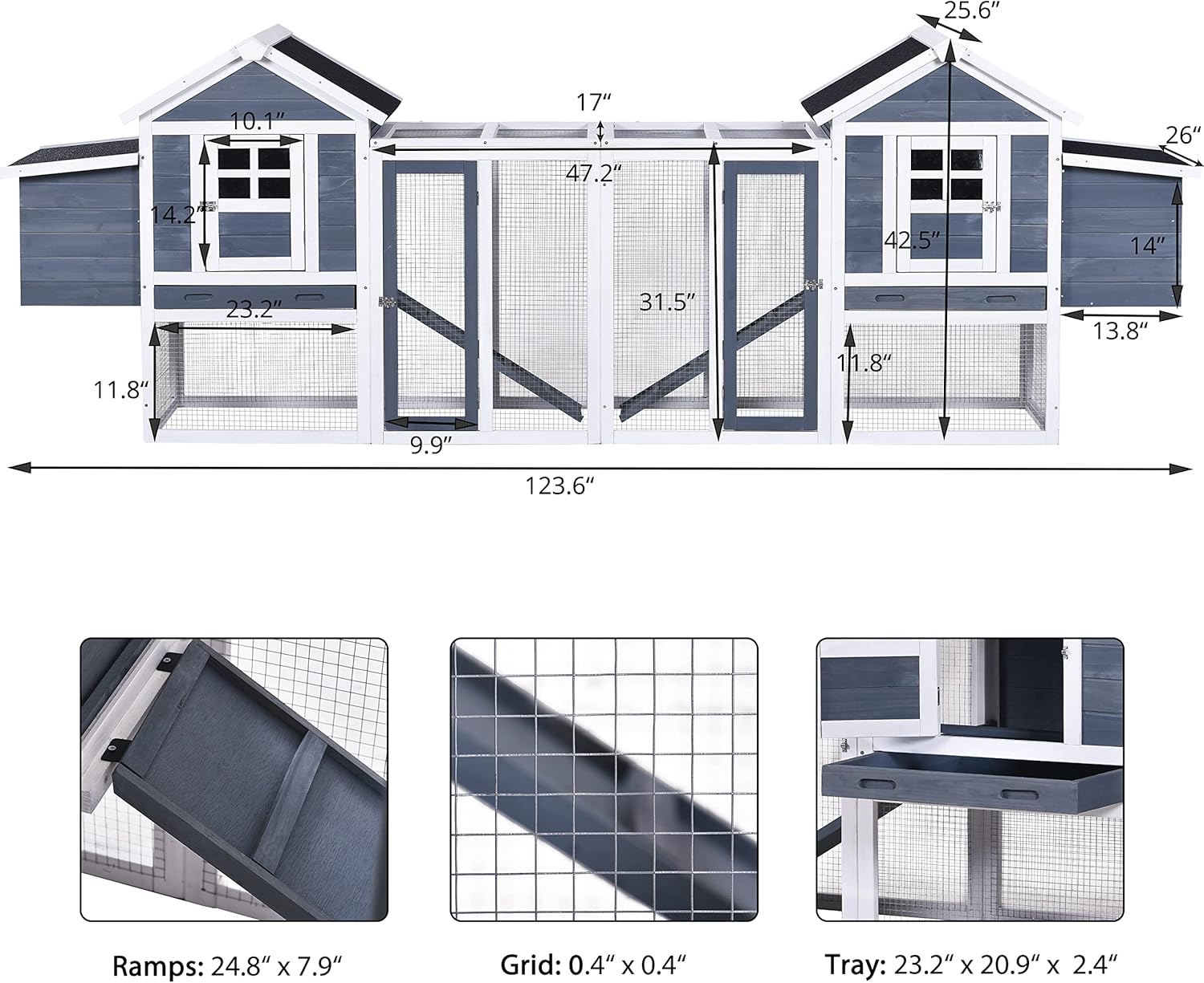 123.6" Chicken Coop Hen House Poultry Cage for 6 Chickens Wooden Rabbit Hutch Small Animal House with Nesting Boxes, 2 Run Play Area, Ramps