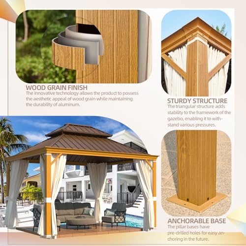 YOLENY 10' x 12' Hardtop Gazebo, Metal Gazebo with Aluminum Frame, Double Galvanized Steel Roof, Curtains and Netting Included