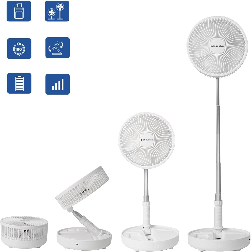 8.7 inch Battery Operated Standing Fan, Primevolve Rechargeable Portable USB Fan with Adjustable Height for Camping Tent Travel White
