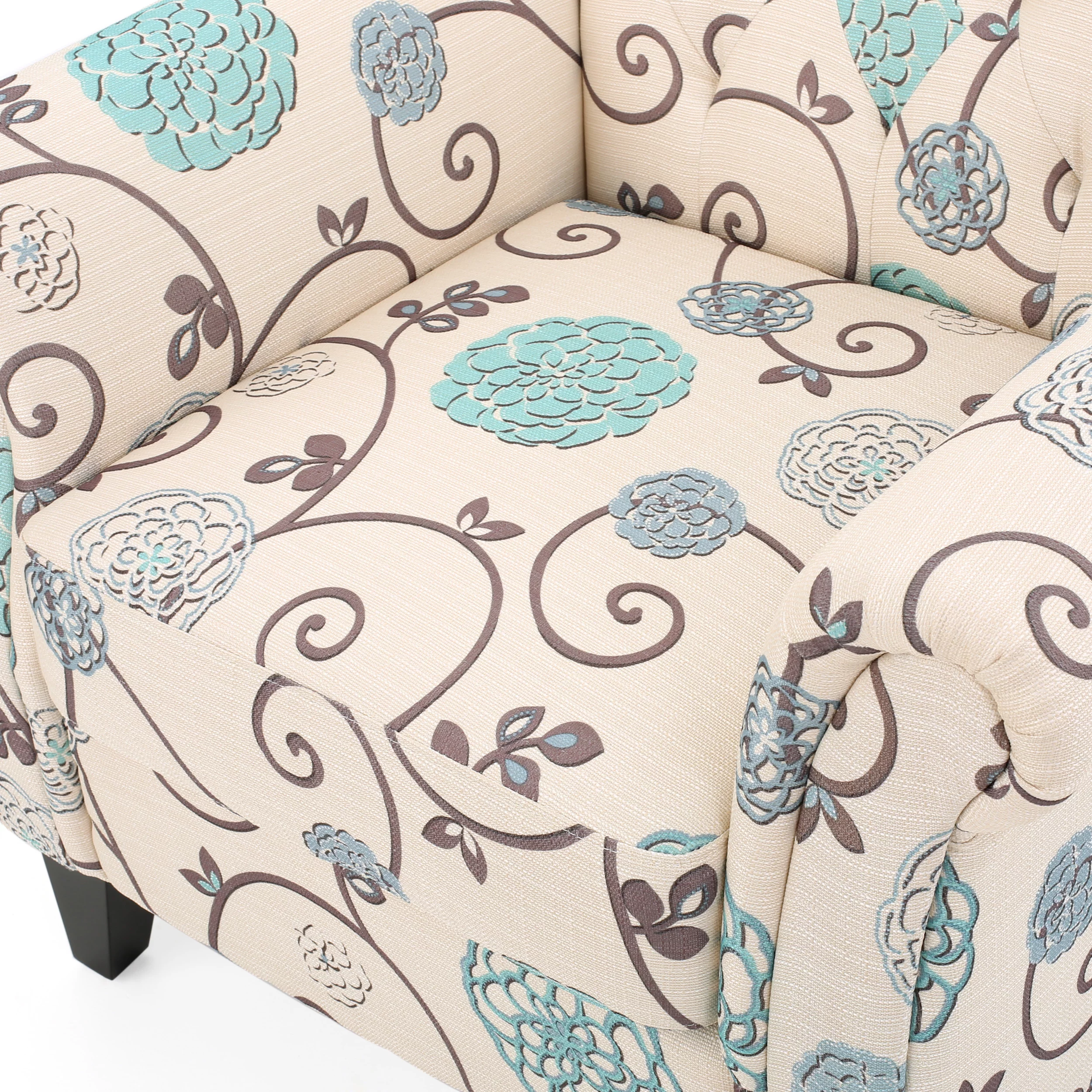 Noble House Merwin White and Blue Floral Fabric Tufted Chair