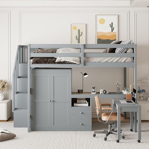 Harper & Bright Designs Twin Size Loft Bed with Stairs and Bookshelf, Wood Twin Storage Bed with Desk & Wardrobe