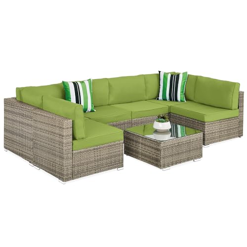 Best Choice Products 7-Piece Modular Outdoor Sectional Wicker Patio Conversation Set w/ 2 Pillows, Coffee Table, Cover Included - Gray/Navy
