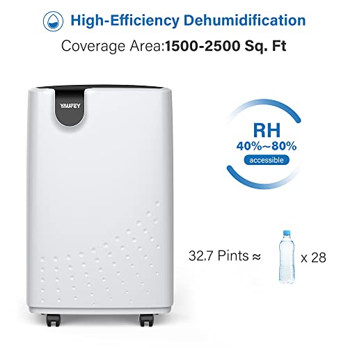 Yaufey 2500 Sq. Ft Home Dehumidifier for Medium to Large Rooms and Basements with Auto or Manual Drainage, 0.48 Gallon Water Tank Capacity