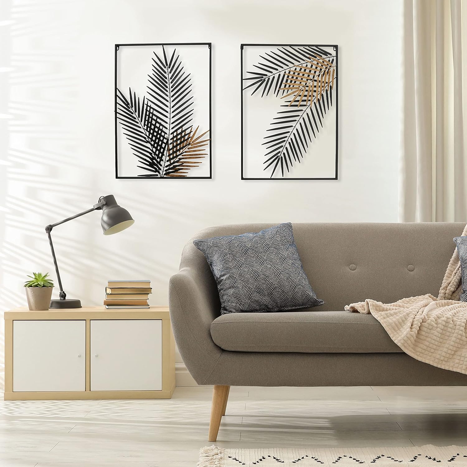 WHW Whole House Worlds Tropical Jungle Leaf Framed Composition Panels, Set of 2, Gold Gilt, Abstract Wall Art, Black Framed