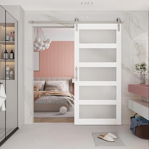 BARNSMITH 42in x 84in Glass Barn Door with 7FT Sliding Door Hardware Kit Included & Handle