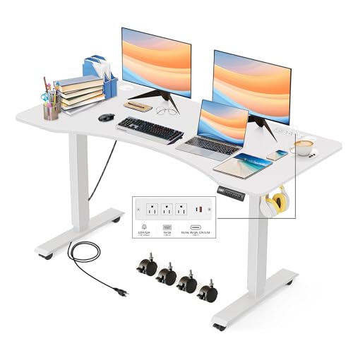Electric Standing Adjustable Height Desk 55'' x 24''Sit Stand Desk with Charging Station, 2 USB Ports, 3 Power Outlets, 4 Caster