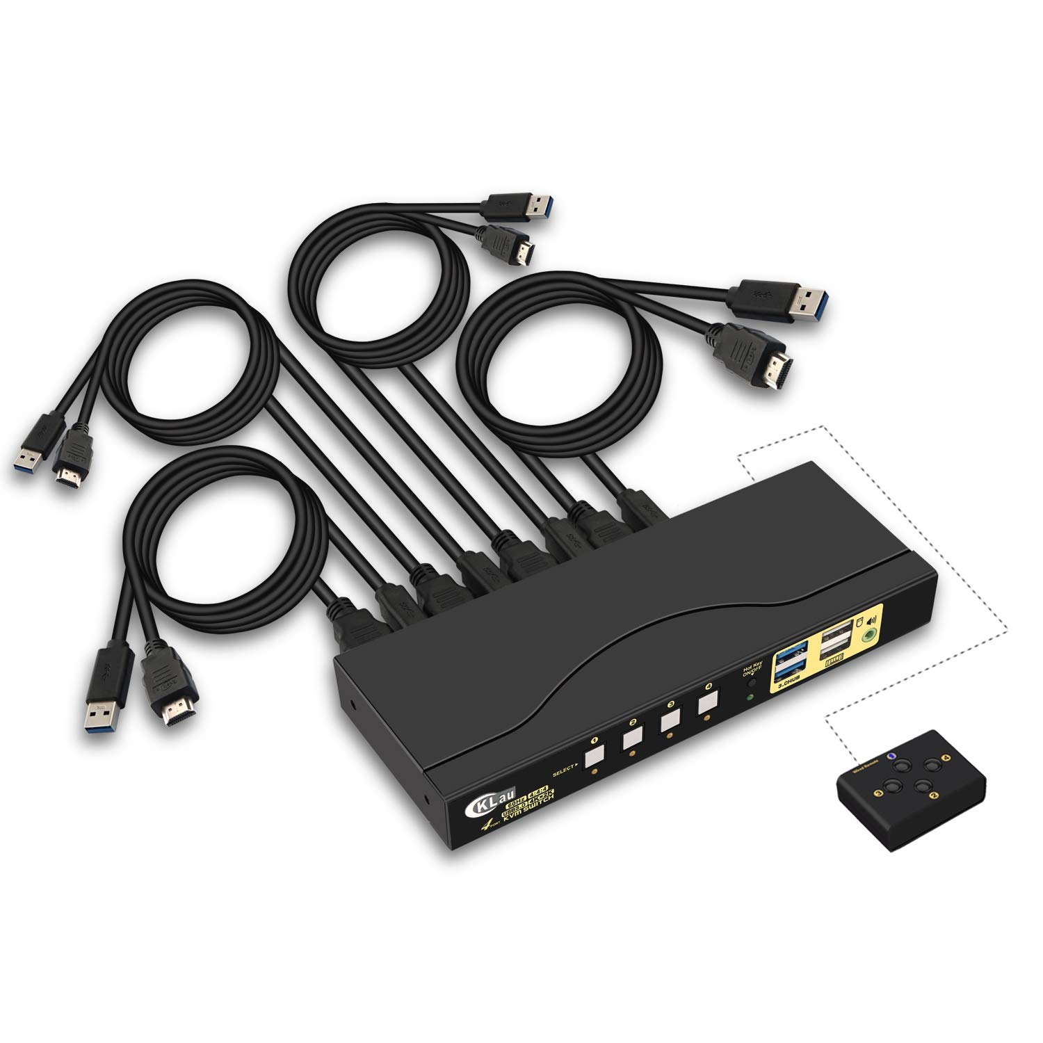 CKLau KVM Switch HDMI 4 Port with USB Hub, Audio and 4 KVM Cables, 4 Port HDMI KVM Switch Support 4K@60Hz 4:4:4