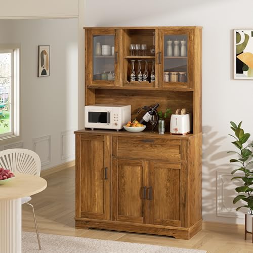 Shintenchi Kitchen Pantry Storage Cabinet, Freestanding Buffet Cabinet with Microwave Stand & 4 Door Shelves, Kitchen Hutch with Doors
