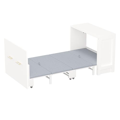 Twin Murphy Bed with Mattresses, Folding Cabinet Bed with Adjustable Position Desk