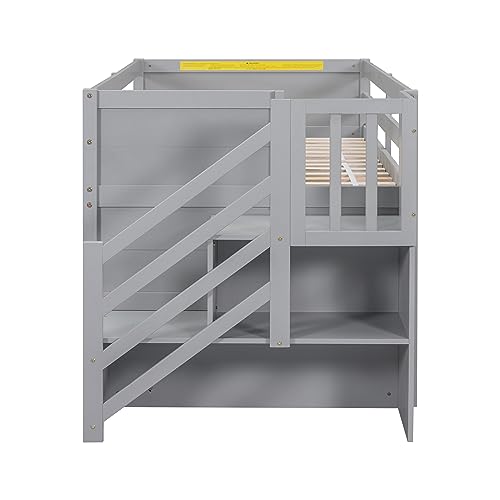 Harper & Bright Designs Low Loft Bed with Stairs, Solid Wood Twin Size Low Loft Bed Frame with Storage Drawers and Shelf