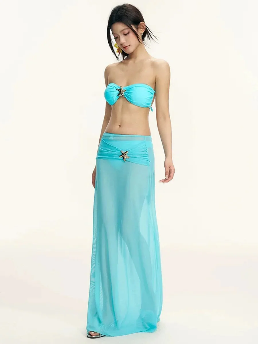 'Jasmine' Y2k Beach Style Starfish Mint Blue Midi Swim Suit Set