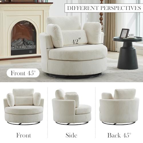 Aoiy & Wifon 42.2" W Oversized Swivel Barrel Chair with Ottoman, Upholstered Round Accent Chair with Storage Ottoman, Chenille, Beige