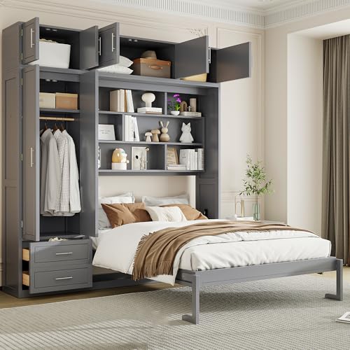 Merax Queen Size Murphy Bed with Top Cabinet, Shelves and Wardrobe, Fold into The Wall, Multifunctional Foldable Platform Bed Frame for Bedroom
