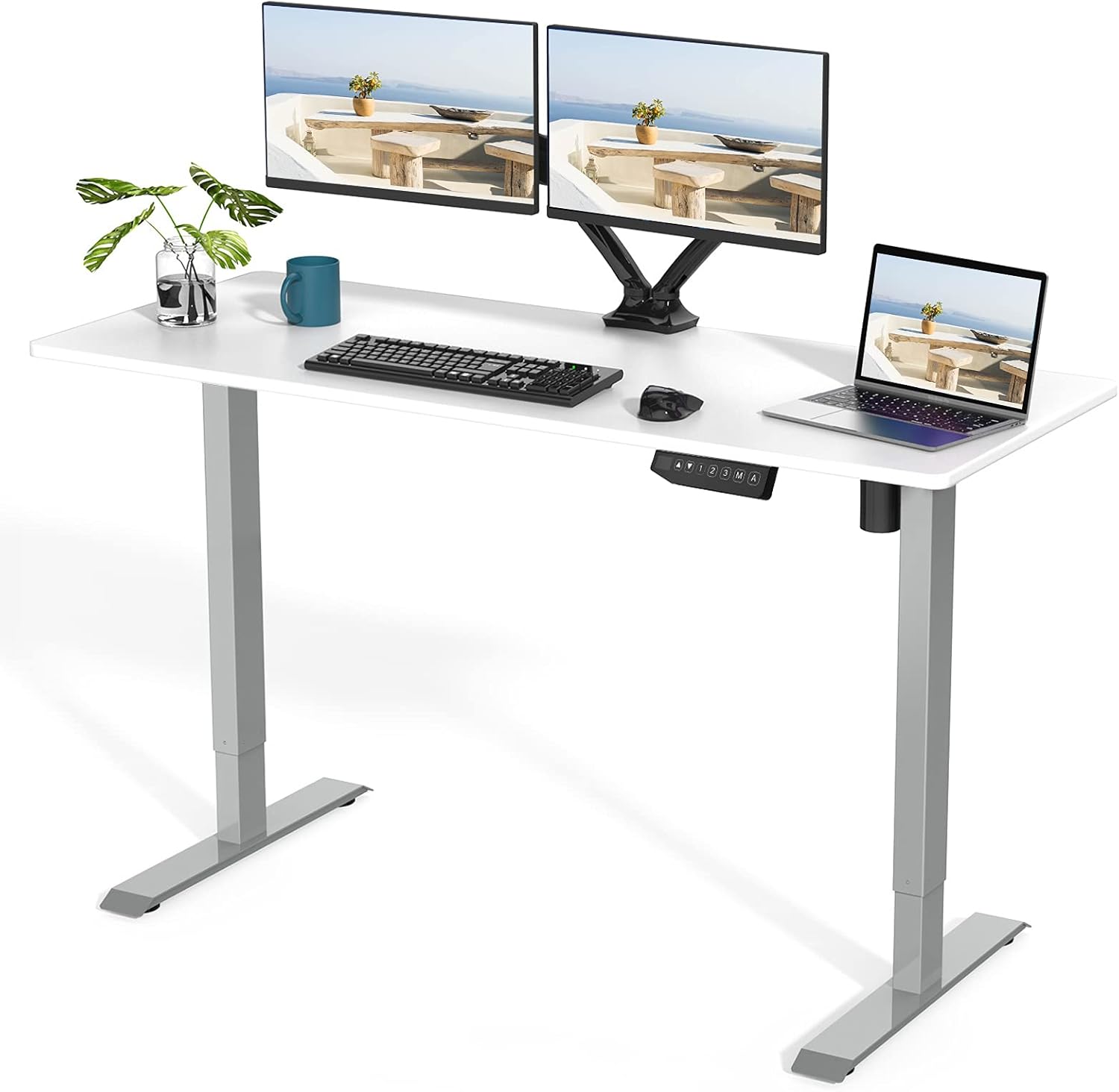 FLEXISPOT EN1 Electric Height Adjustable Desk 55 x 28 Inches Whole-Piece Standing Desk Home Office Sit Stand Up Desk Primo(Gray Frame +55 inch White
