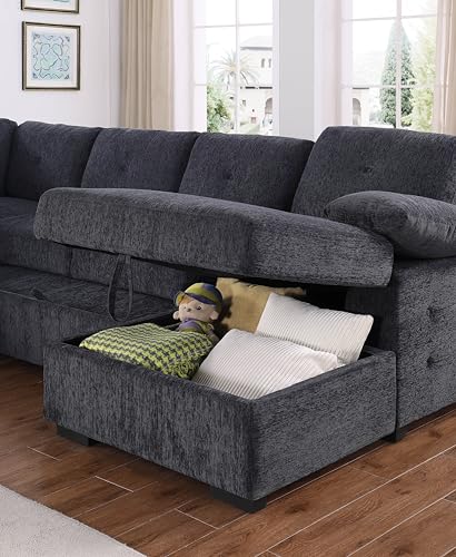 L-Shaped Pull Out Sleep Sofabed,Modern Reversible Sleeper Sectional Sofa Chenille Upholstered Button Tufted Decor with Storage Chaise