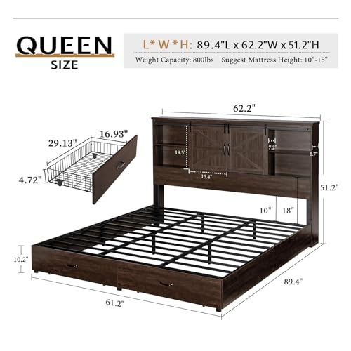 VanAcc Full Size Bed Frame, Wooden Platform Storage Bed with 51.2" Bookcase Headboard, 2 Drawers