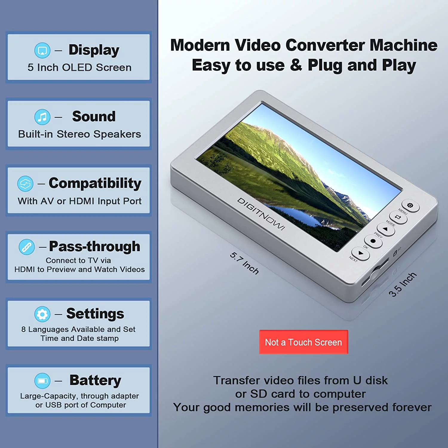 DIGITNOW Video to Digital Converter, VCR VHS to Digital Converter with 5" OLED Screen, Video Recorder Capture Device from DVD, RCA, Hi8, Camcorders