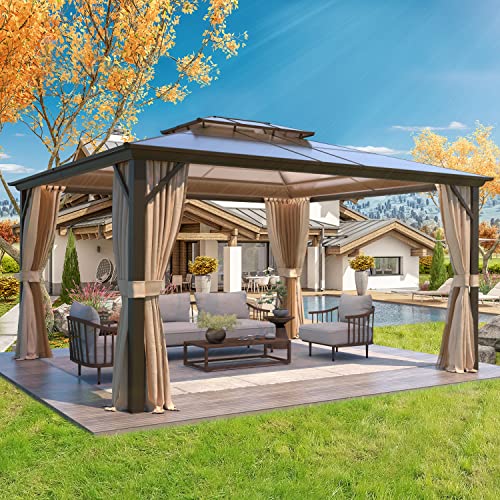 YOLENY 10'x13' Hardtop Gazebo, Outdoor Polycarbonate Double Roof Canopy, Aluminum Frame Permanent Pavilion with Curtains and Netting