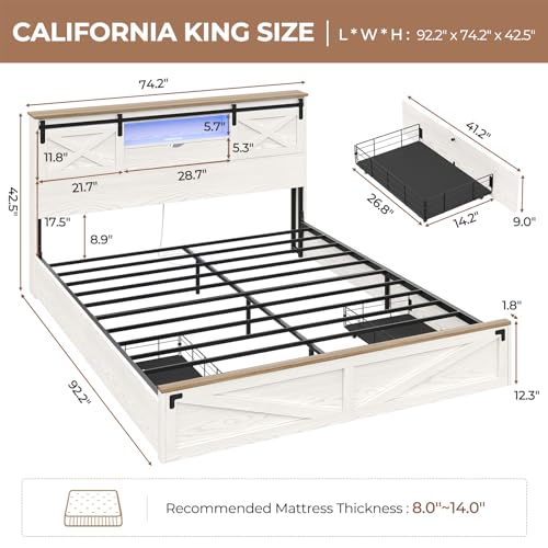 Hasuit Farmhouse Bed Frame California King Size with Storage Bookcase Headboard, Wooden Cal King Bed with LED Lights, Charging Station, 2 Drawers