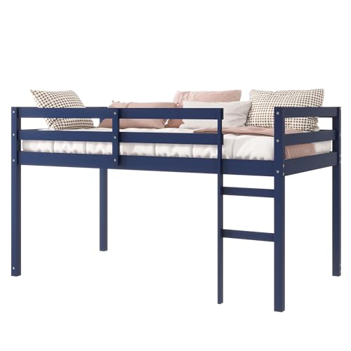 Low Loft Bed Twin Size, Kids Solid Wood Modern Loft Bed Frame with Ladder and Safety Guardrail for Girls Boys, Noise-Free,Non-Toxic Finishes