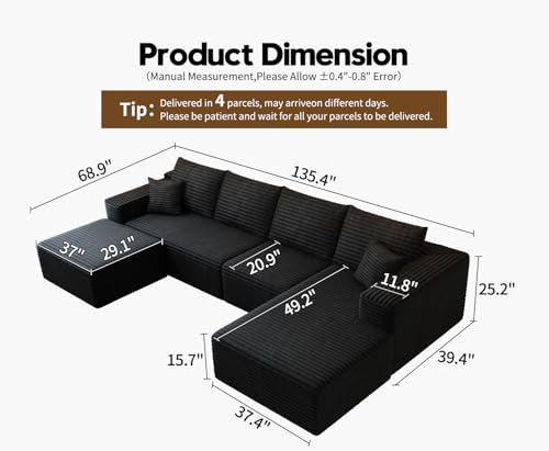 107.5" Cloud Modular Sectional Sofa with 1 Ottoman,Modern Minimalist Upholstered Couches, Comfort U Shaped Sofa for Living Room