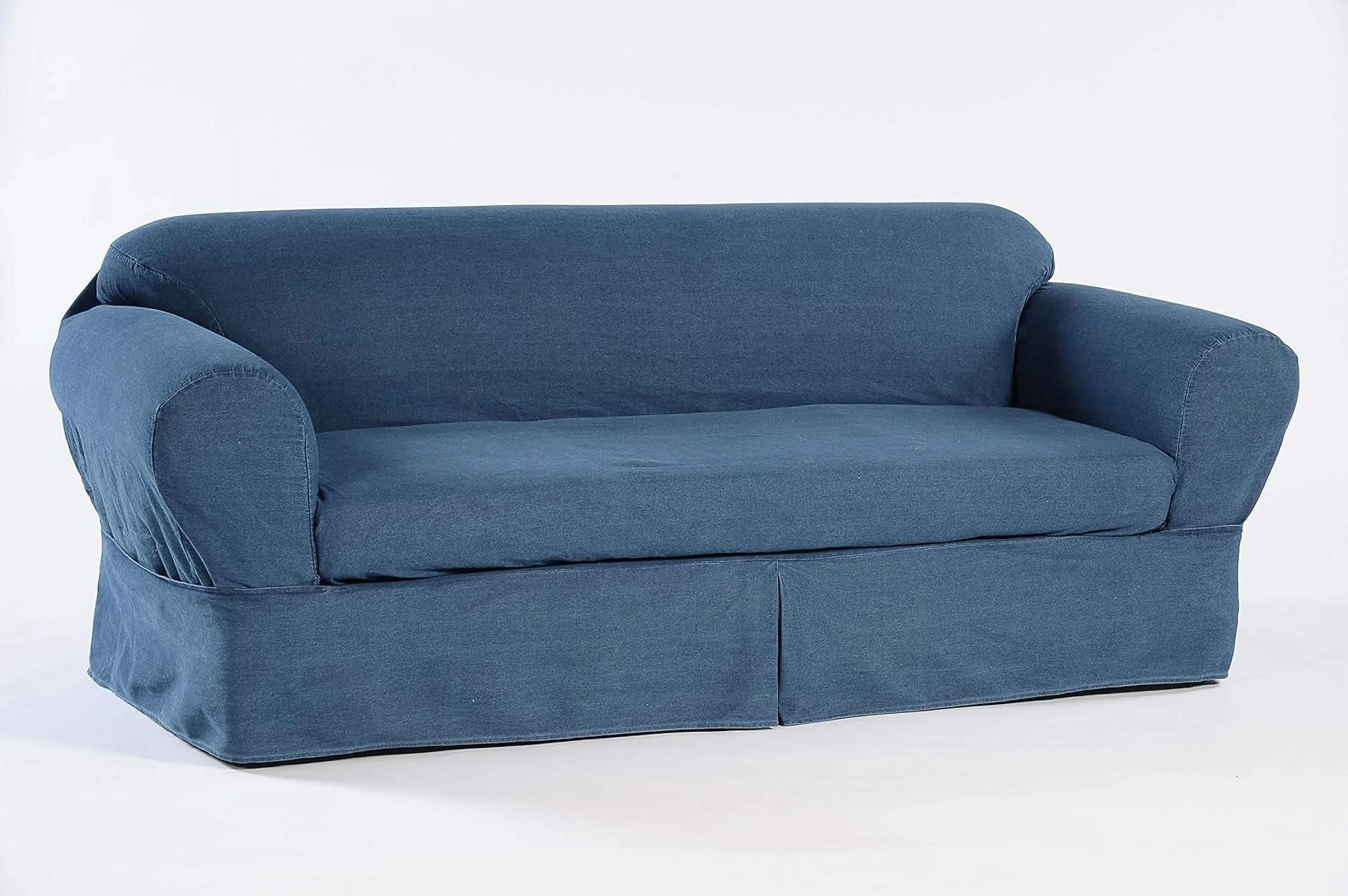 2 Piece Cotton Washed Heavy Denim Sofa Slipcover, Blue