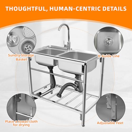 Outdoor Utility Sink Stainless Steel Double Bowl Free Standing Commercial Restaurant Kitchen Sink with Hot and Cold Faucet for Laundry,Garage