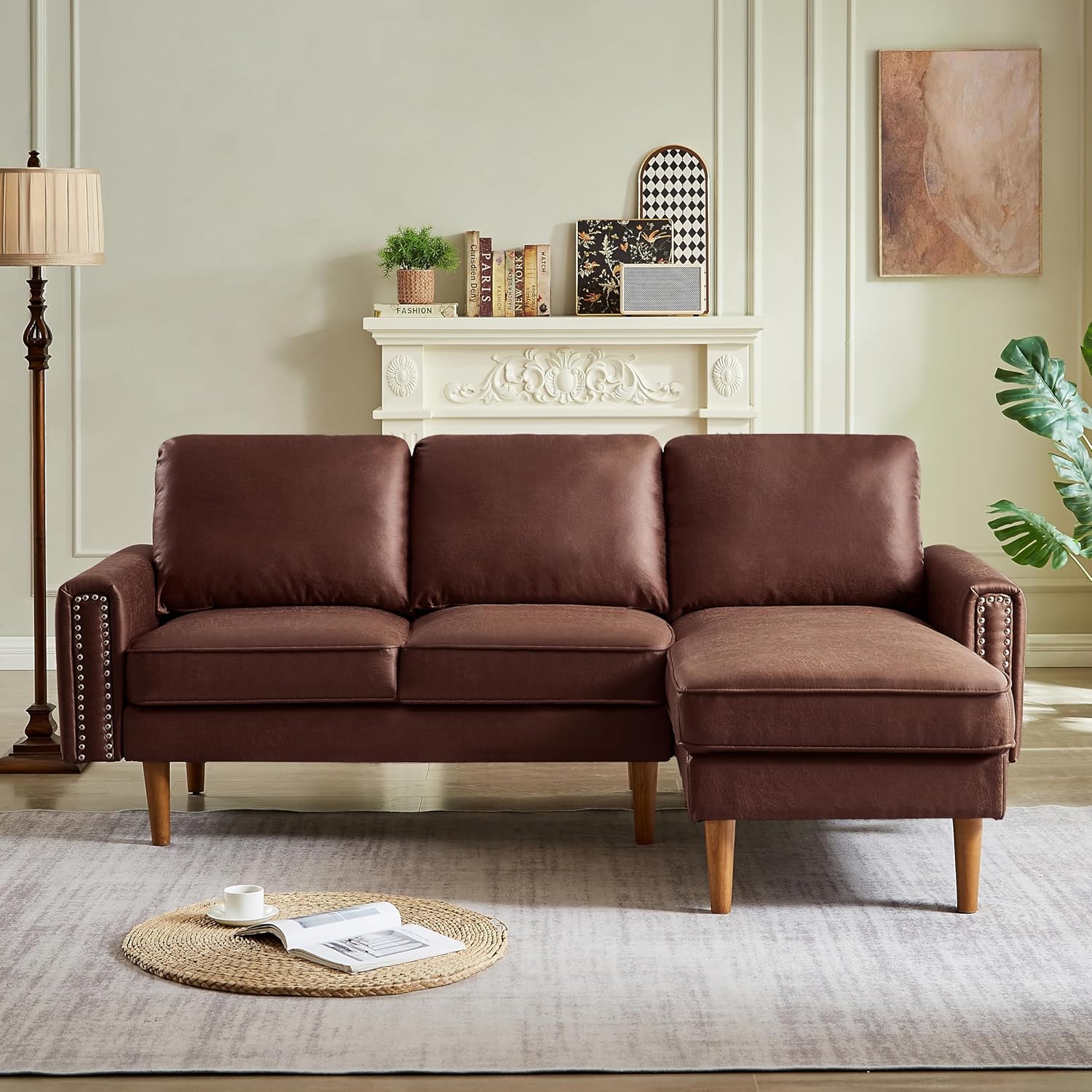 82.2" Mid Century Suede Leather Sofa with Right Chaise Lounge, 3 Seater Modern L-Shaped Couch w/Nail Armrests and Comfy Cushions