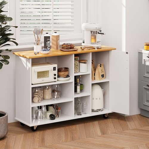 Shintenchi Rolling Kitchen Island Cart with Folding Drop Leaf Breakfast Bar, Portable Trolley Island with Large Storage Cabinet, Shelf and Drawer