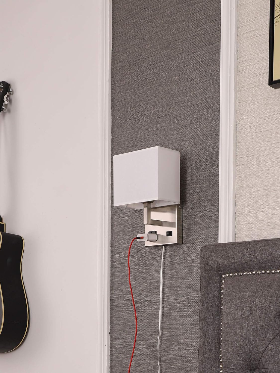 Postmodern Bedside Wall Mount Light with AC Outlet and Switch,Plug in Cord Hardwire,Brush Nickel,White Fabric Shade