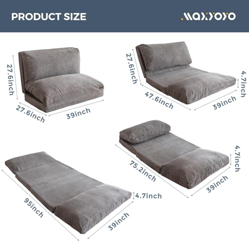 MAXYOYO Bean Bag Bed Folding Sofa Bed Floor Mattress for Adults, Extra Thick and Long Floor Sofa with Corded Washable Cover, Dark Grey, 30x95 Inch