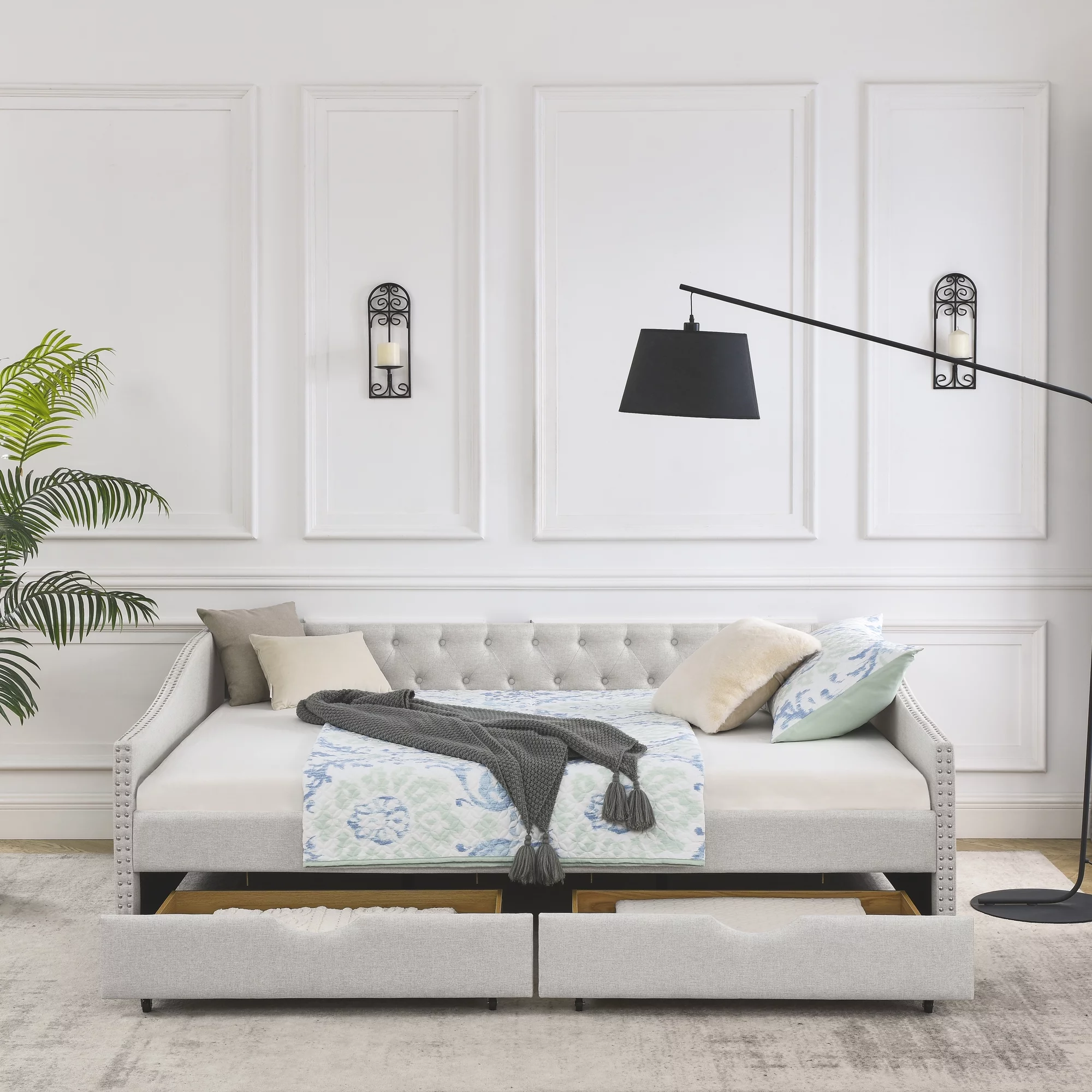Momspeace Upholstered Daybed with Drawers, Modern Fabric Queen Size Daybed Frame Sofa Bed, No Box Spring Needed, Space Saving - Beige