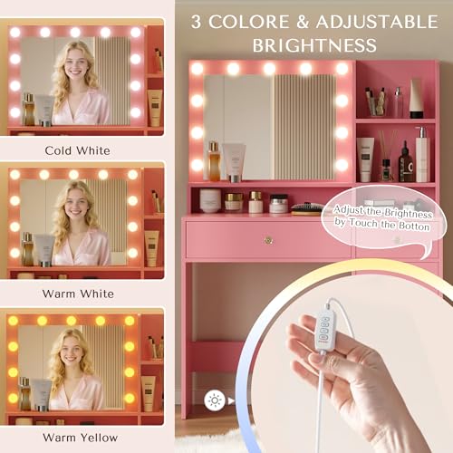 Vanity Desk with Mirror and Lights, Diamond Edition Vanity Desk, Makeup Vanity Table with 3 Drawers & 5 Open Shelves