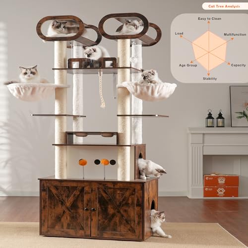 Heybly Cat Tree with Litter Box Enclosure, 76.8-inch Wooden mainecoons Cat Tower with Food Station,Extra Large Platforms