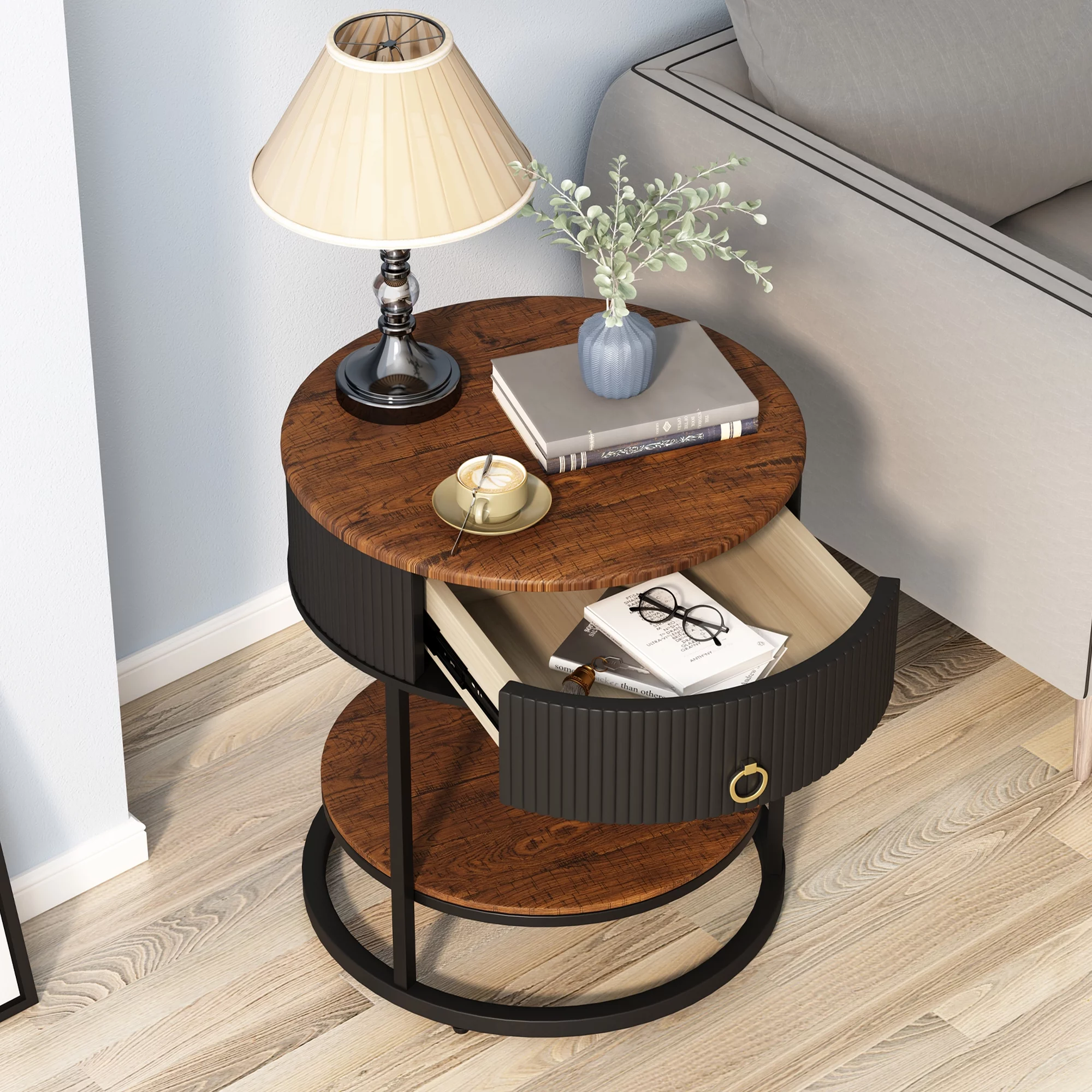 ASYA Metal End Table with Drawer, 21.65’’ Sofa Side Table, 2-Tier Round Nightstand for Bedroom, Black