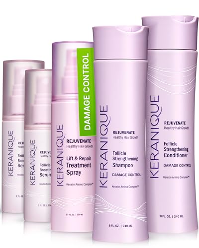 Keranique Damage Control Set for Thinning Hair - Shampoo and Conditioner for Damaged Hair, Follicle Booster Serum, Lift & Repair Spray