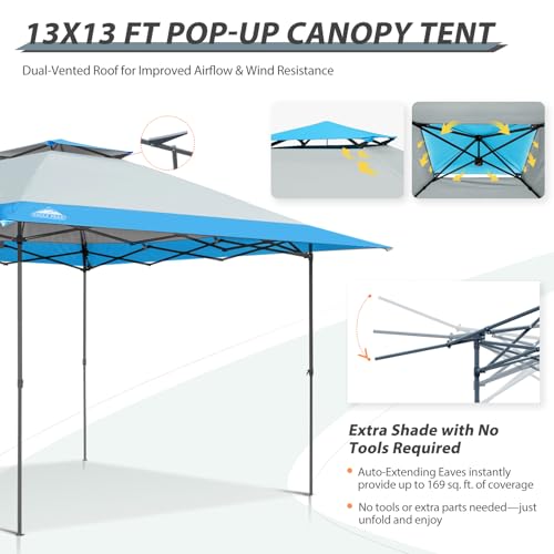 EAGLE PEAK 13x13 Straight Leg Pop Up Canopy Tent Instant Outdoor Canopy Easy Single Person Set up Folding Shelter w/Auto Extending Eaves 169 Square